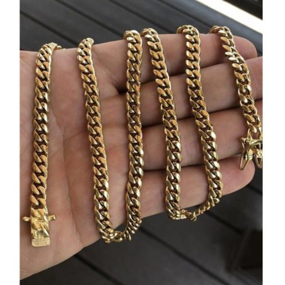 6mm Mens Cuban Miami Link Chain 14k Gold Plated Stainless Steel 28”